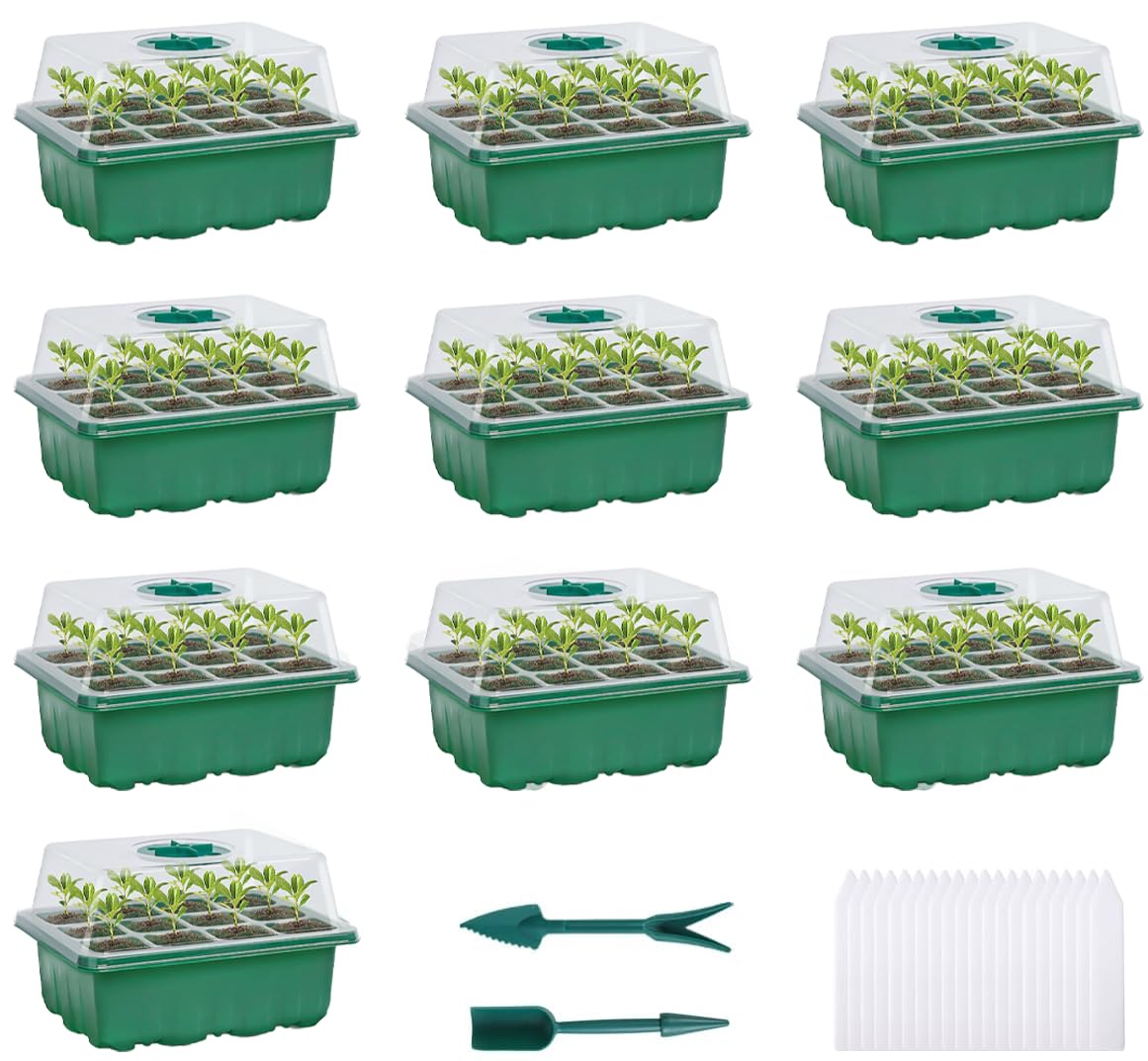 Seed Starter Trays, 12 Cells x 10 Packs Humidity Adjustable Plant Grow Kit with Dome and Base for Greenhouse & Gardens(120 Cells Total Tray)