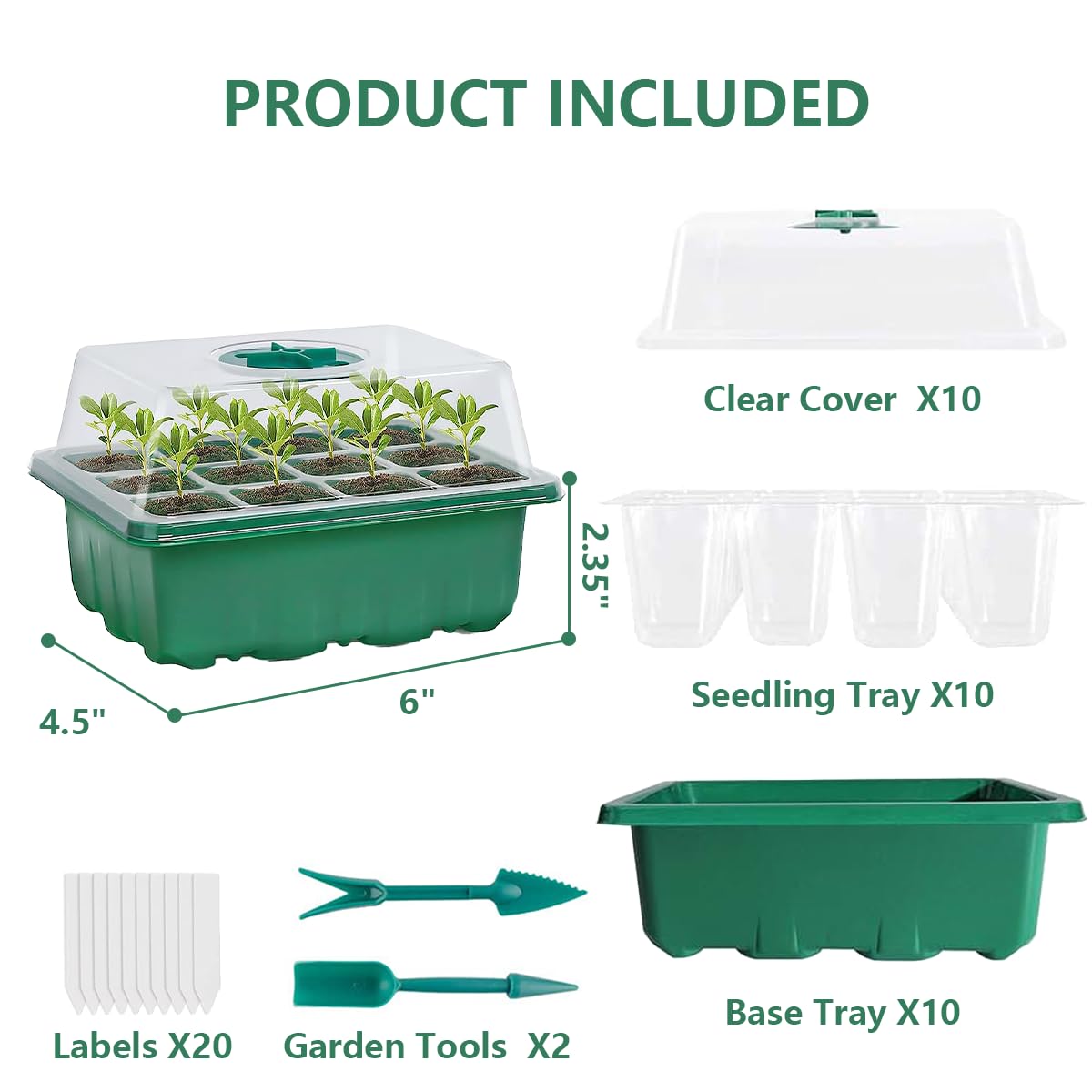 Seed Starter Trays, 12 Cells x 10 Packs Humidity Adjustable Plant Grow Kit with Dome and Base for Greenhouse & Gardens(120 Cells Total Tray)