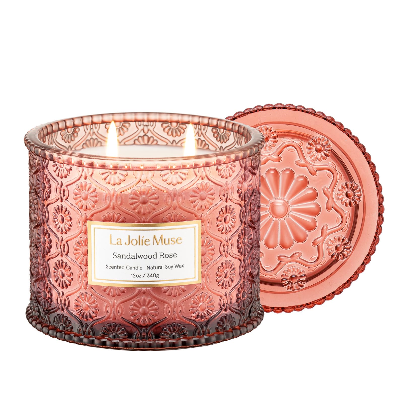 LA JOLIE MUSE Scented Candle, Sandalwood Rose Candle, Large 2-Wick Soy Candle for Aromatherapy, Candles Gifts, Long Burning Time, Candles for Home Scented, 12oz