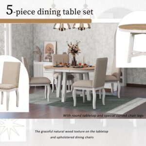 Harper & Bright Designs Kitchen Dining Table Set for 4, 5 Pcs Wooden Round Extendable Dining Table and 4 Upholstered Dining Chairs, Oak Natural Wood