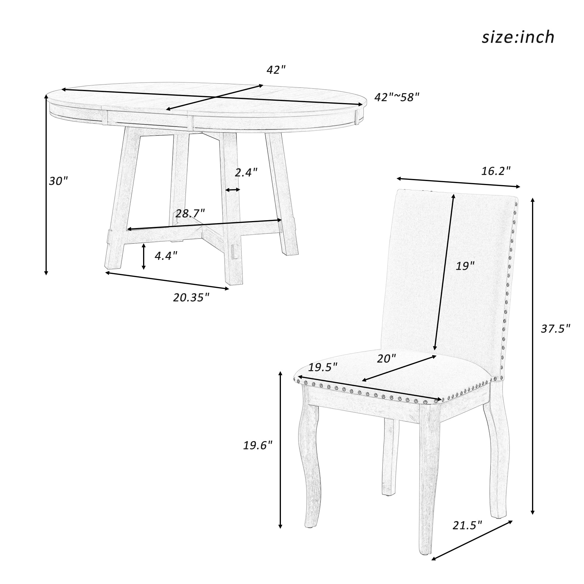 Harper & Bright Designs Kitchen Dining Table Set for 4, 5 Pcs Wooden Round Extendable Dining Table and 4 Upholstered Dining Chairs, Oak Natural Wood