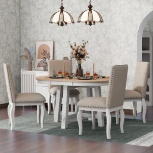 Harper & Bright Designs Kitchen Dining Table Set for 4, 5 Pcs Wooden Round Extendable Dining Table and 4 Upholstered Dining Chairs, Oak Natural Wood