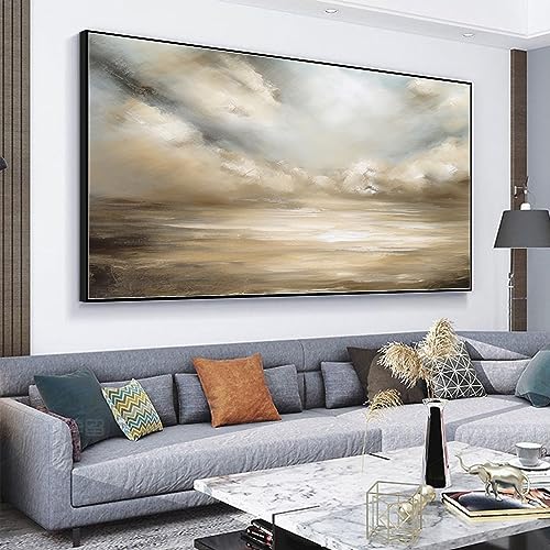 Sky Landscape Abstract Texture Art Oil Painting Light Brown Minimalist Neutral Oil Painting Living Room Home Decor Wall Art,Unstretched,Frameless,(102X203cm)40X80Inches