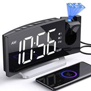 projection alarm clock with fm radio, usb charging port, 0-100% dimmer, dual alarms, hd led display, 30 preset stations, sleep timer, 5 alarm sounds, snooze, curved screen, digital clock for bedroom