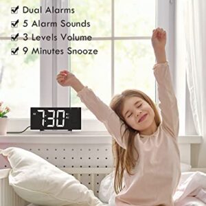 Projection Alarm Clock with FM Radio, USB Charging Port, 0-100% Dimmer, Dual Alarms, HD LED Display, 30 Preset Stations, Sleep Timer, 5 Alarm Sounds, Snooze, Curved Screen, Digital Clock for Bedroom