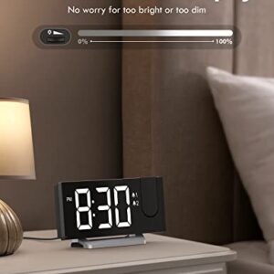 Projection Alarm Clock with FM Radio, USB Charging Port, 0-100% Dimmer, Dual Alarms, HD LED Display, 30 Preset Stations, Sleep Timer, 5 Alarm Sounds, Snooze, Curved Screen, Digital Clock for Bedroom