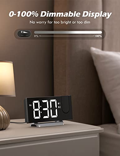 Projection Alarm Clock with FM Radio, USB Charging Port, 0-100% Dimmer, Dual Alarms, HD LED Display, 30 Preset Stations, Sleep Timer, 5 Alarm Sounds, Snooze, Curved Screen, Digital Clock for Bedroom