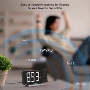 Projection Alarm Clock with FM Radio, USB Charging Port, 0-100% Dimmer, Dual Alarms, HD LED Display, 30 Preset Stations, Sleep Timer, 5 Alarm Sounds, Snooze, Curved Screen, Digital Clock for Bedroom