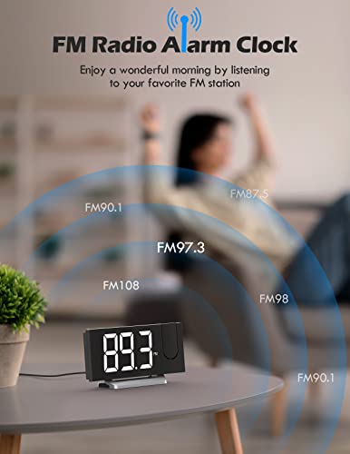 Projection Alarm Clock with FM Radio, USB Charging Port, 0-100% Dimmer, Dual Alarms, HD LED Display, 30 Preset Stations, Sleep Timer, 5 Alarm Sounds, Snooze, Curved Screen, Digital Clock for Bedroom