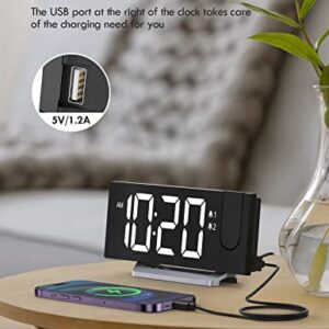 Projection Alarm Clock with FM Radio, USB Charging Port, 0-100% Dimmer, Dual Alarms, HD LED Display, 30 Preset Stations, Sleep Timer, 5 Alarm Sounds, Snooze, Curved Screen, Digital Clock for Bedroom