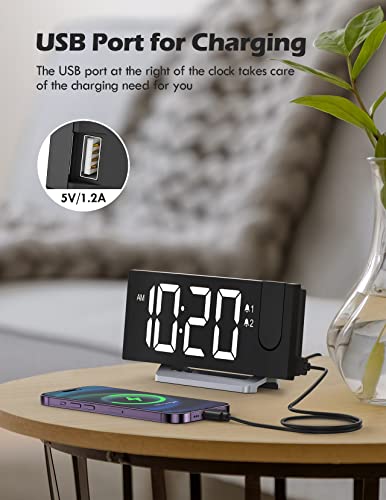 Projection Alarm Clock with FM Radio, USB Charging Port, 0-100% Dimmer, Dual Alarms, HD LED Display, 30 Preset Stations, Sleep Timer, 5 Alarm Sounds, Snooze, Curved Screen, Digital Clock for Bedroom