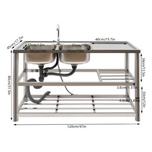 Free Standing Stainless-Steel Double Bowl Stainless Steel Utility Sink, Commercial Restaurant Kitchen Sink Set w/Faucet & Drainboard, Washing Hand Basin w/Workbench & Double Storage Shelves