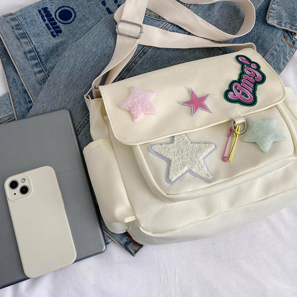 Kawaii Messenger Bag Cute Crossbody Bag Kawaii Aesthetic Shoulder Bag for Women Canvas Flap Messenger Bag with Plush Stickers Cute Japanese Bag