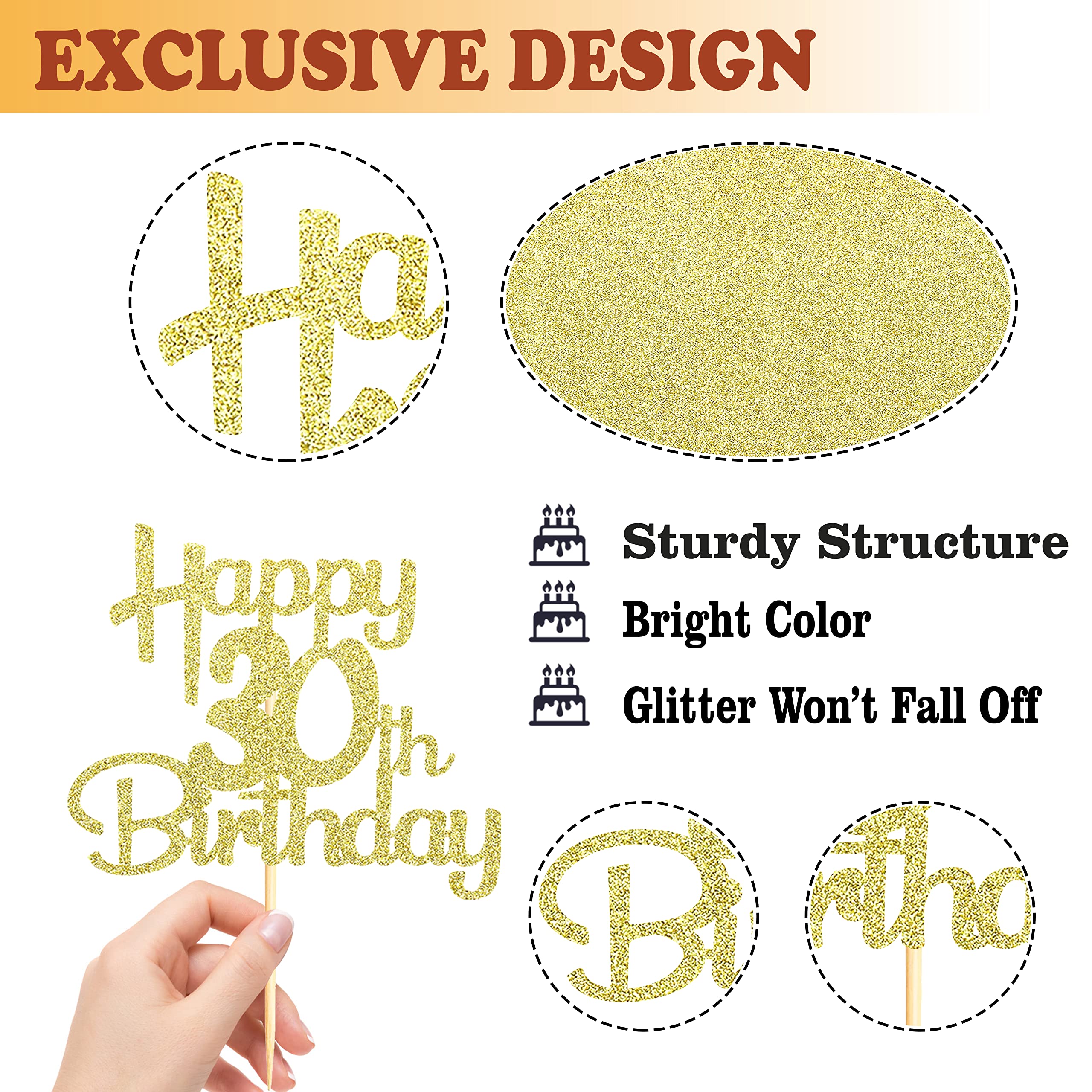 Sotpot Happy 30th Birthday Cake Topper Gold Glitter 30th Cake Toppers 30 Birthday Cake Decorations Cheers to 30 Fabulous Party Cake Picks - 1 Pack