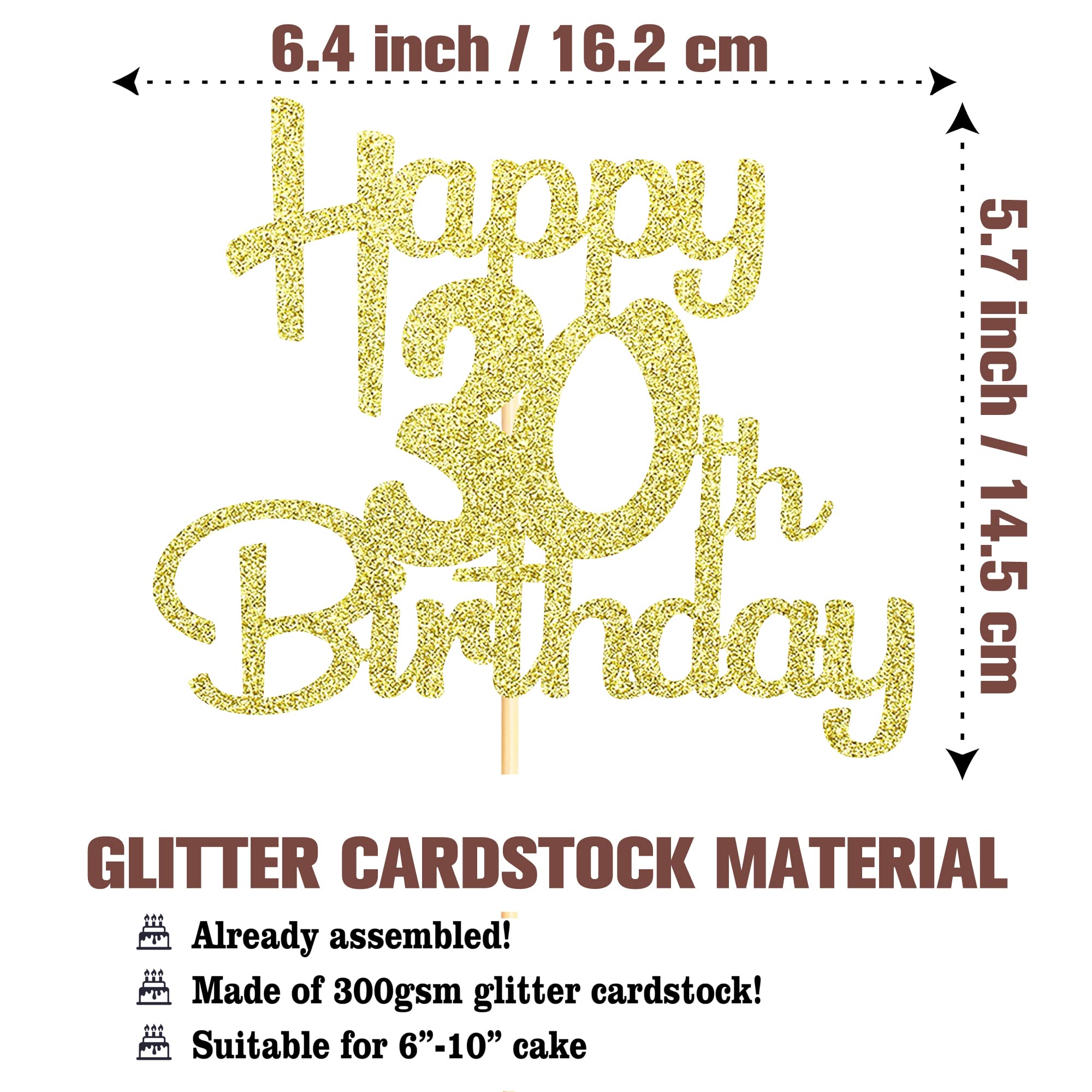 Sotpot Happy 30th Birthday Cake Topper Gold Glitter 30th Cake Toppers 30 Birthday Cake Decorations Cheers to 30 Fabulous Party Cake Picks - 1 Pack