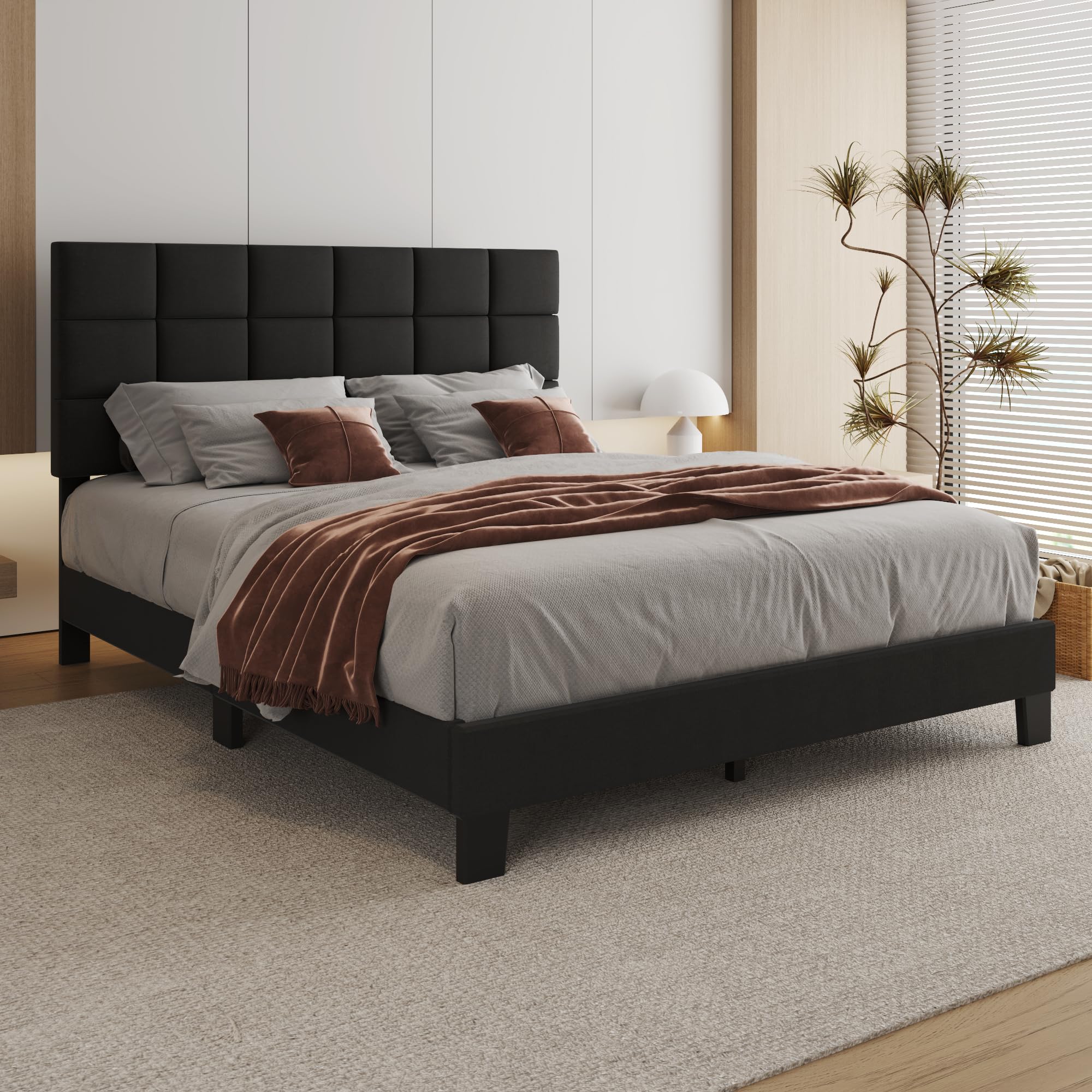 Lifezone Queen Bed Frame with Headboard Linen Upholstered Bed Frame with Wood Slats Support,No Boxing Needed,Heavy Duty Feet,Button Tufted Design,Easy Assembly,Dark Grey