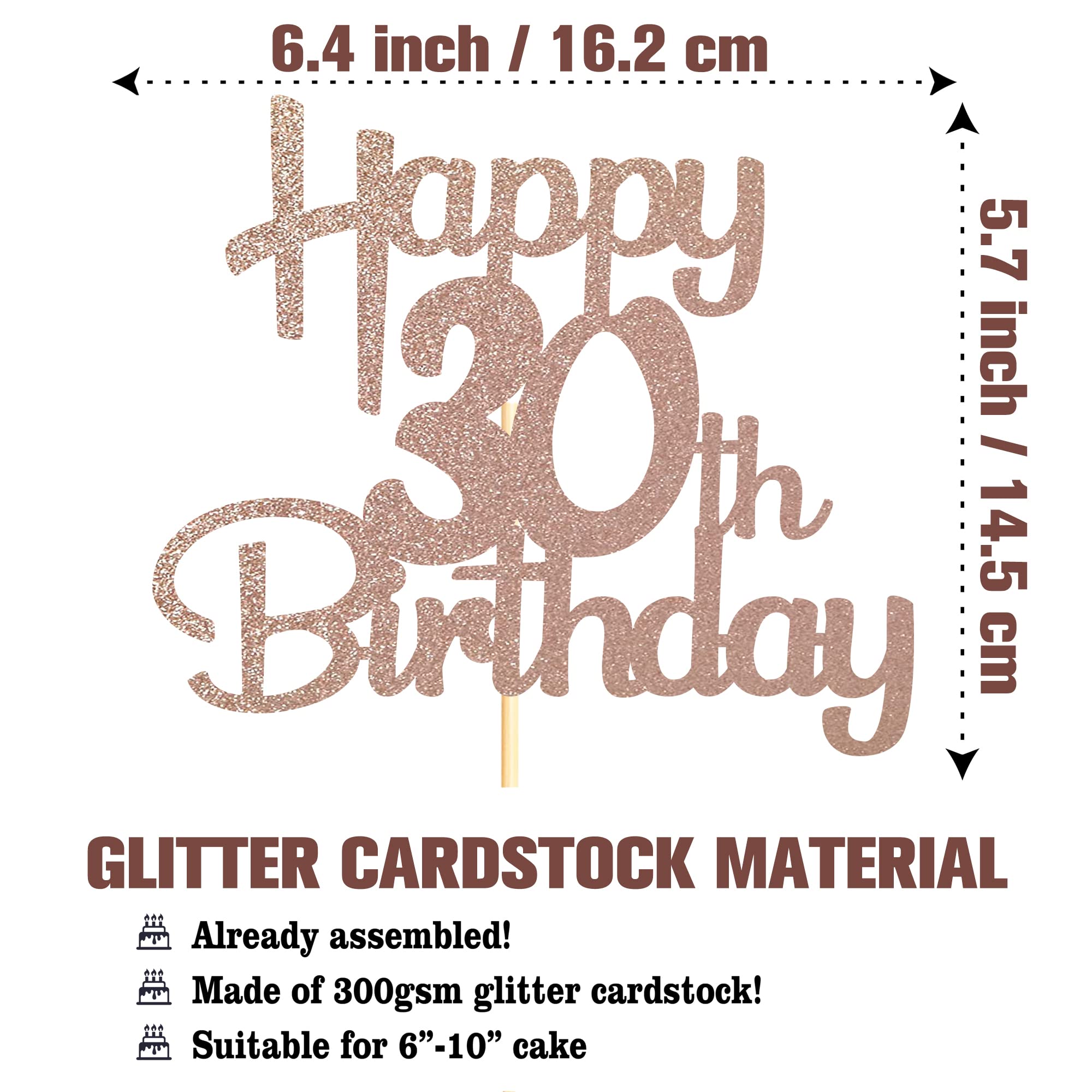 Sotpot Happy 30th Birthday Cake Topper Rose Gold Glitter 30th Cake Toppers 30 Birthday Cake Decorations Cheers to 30 Fabulous Party Cake Picks - 1 Pack