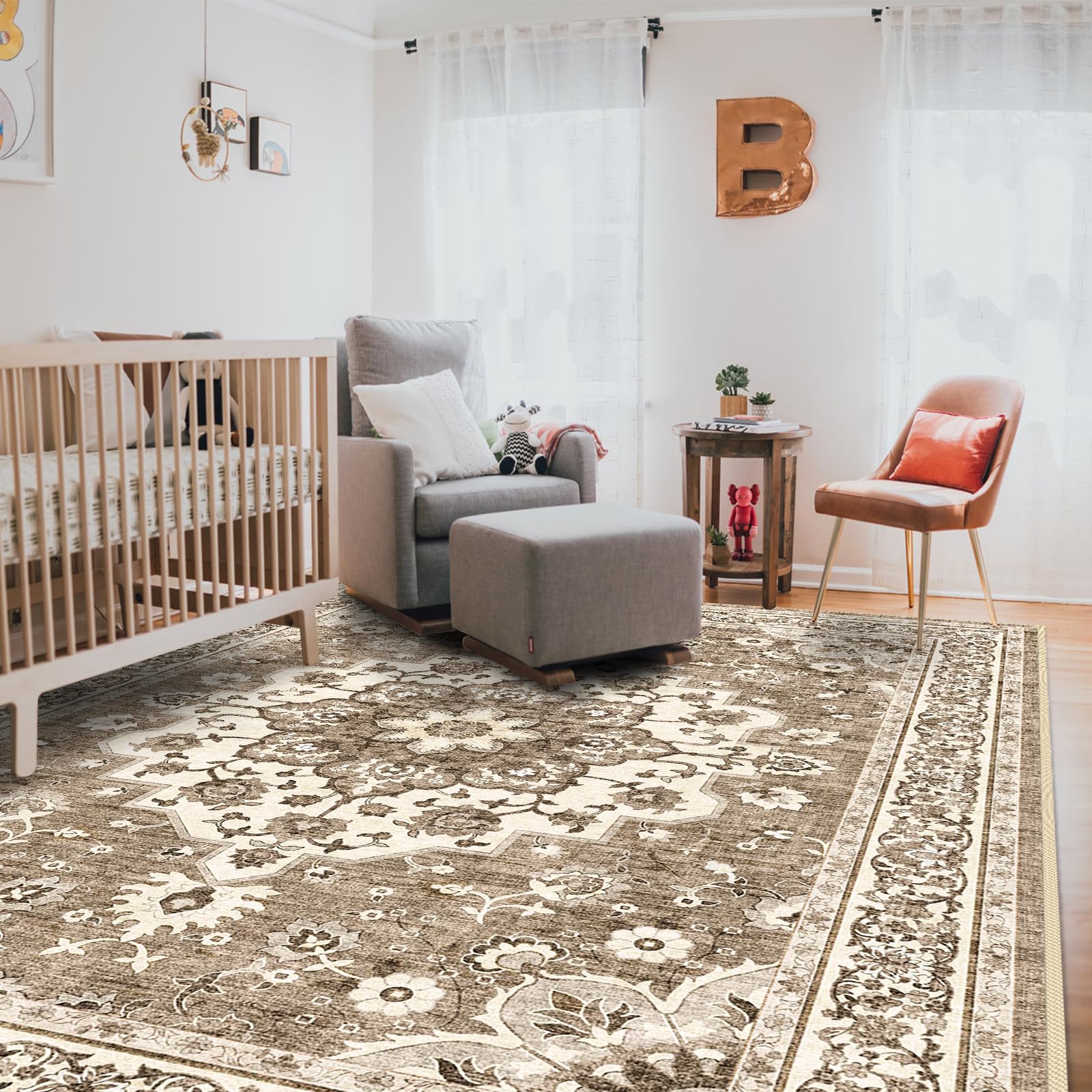 TOPRUUG Washable Oriental Area Rug - 8x10 Rugs for Living Room Soft Carpet for Bedroom Waterproof Floral Distressed Indoor Stain Resistant Non-Shedding Floor Carpets (Beige, 8x10)