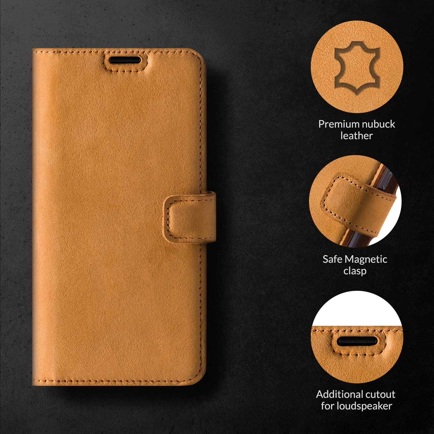 SURAZO Mobile Phone Case for Apple iPhone 15 Pro Leather - Foldable Genuine Leather Protective Case [Magnet, Card Slot, RFID Protection, Stand Function] Flip Flip Case Cover Leather Case (Camel)