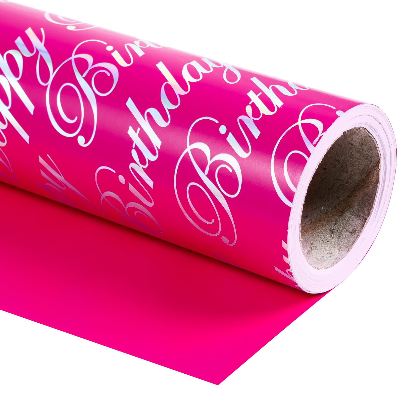 WRAPAHOLIC Reversible Birthday Wrapping Paper - Mini Roll - 17 Inch X 33 Feet - Hot Pink and Silver Foil Happy Birthday Lettering Design for Birthday, Holiday, Party, Baby Shower