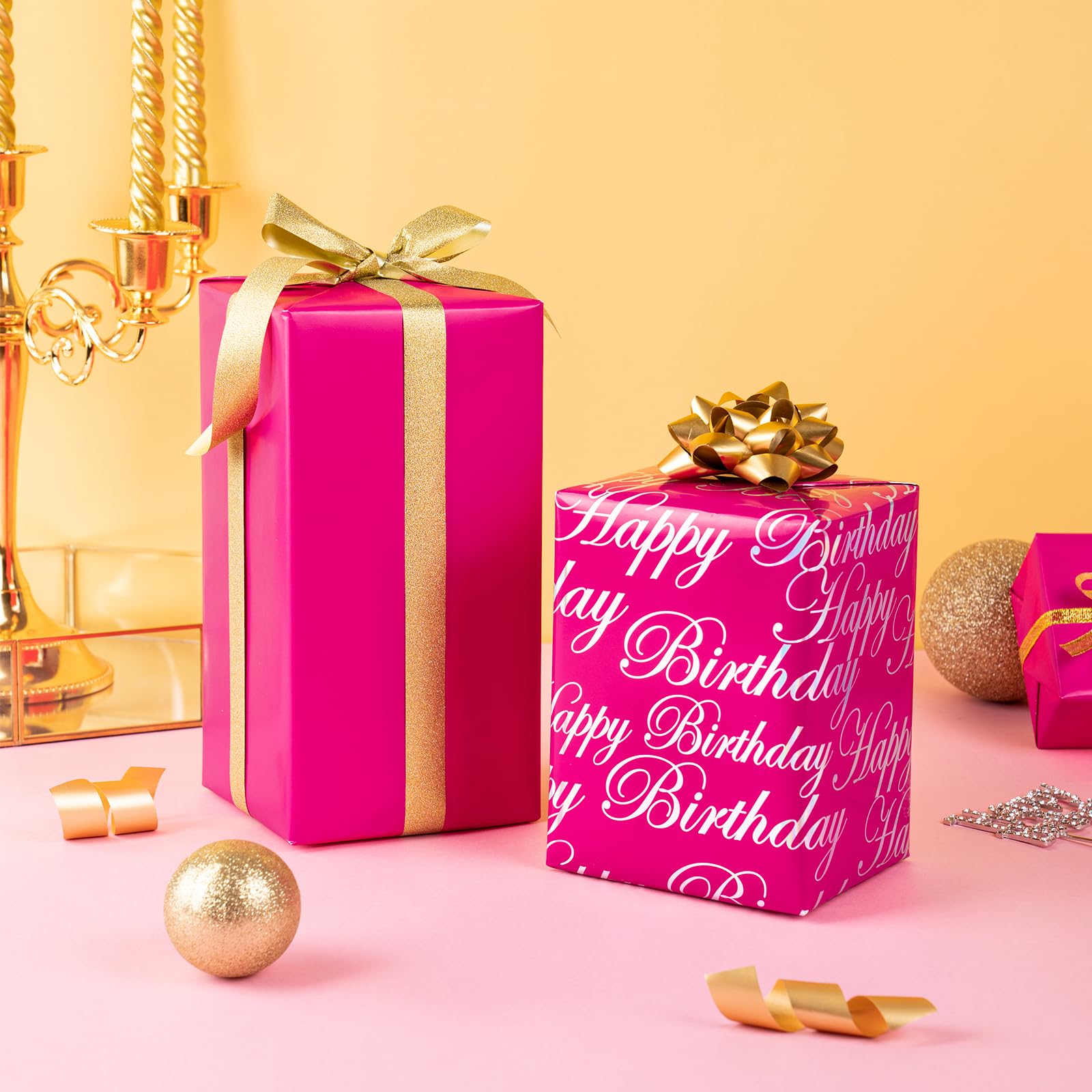 WRAPAHOLIC Reversible Birthday Wrapping Paper - Mini Roll - 17 Inch X 33 Feet - Hot Pink and Silver Foil Happy Birthday Lettering Design for Birthday, Holiday, Party, Baby Shower