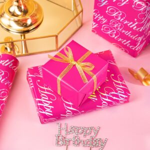 WRAPAHOLIC Reversible Birthday Wrapping Paper - Mini Roll - 17 Inch X 33 Feet - Hot Pink and Silver Foil Happy Birthday Lettering Design for Birthday, Holiday, Party, Baby Shower