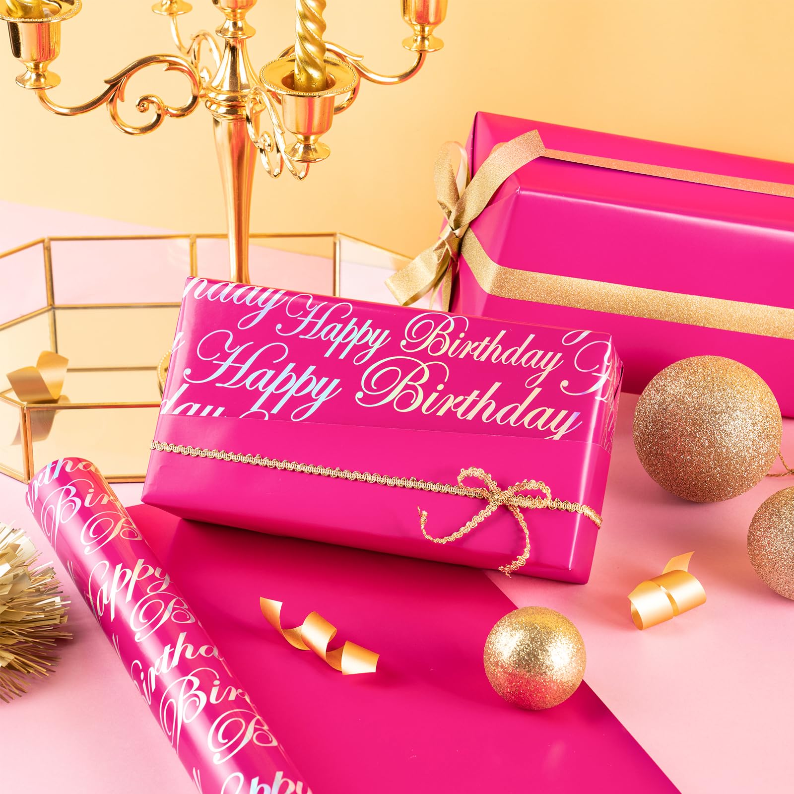 WRAPAHOLIC Reversible Birthday Wrapping Paper - Mini Roll - 17 Inch X 33 Feet - Hot Pink and Silver Foil Happy Birthday Lettering Design for Birthday, Holiday, Party, Baby Shower