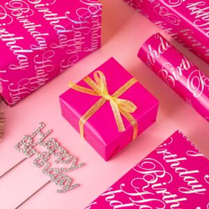 WRAPAHOLIC Reversible Birthday Wrapping Paper - Mini Roll - 17 Inch X 33 Feet - Hot Pink and Silver Foil Happy Birthday Lettering Design for Birthday, Holiday, Party, Baby Shower