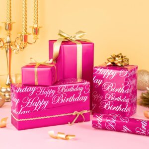 WRAPAHOLIC Reversible Birthday Wrapping Paper - Mini Roll - 17 Inch X 33 Feet - Hot Pink and Silver Foil Happy Birthday Lettering Design for Birthday, Holiday, Party, Baby Shower