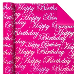 WRAPAHOLIC Reversible Birthday Wrapping Paper - Mini Roll - 17 Inch X 33 Feet - Hot Pink and Silver Foil Happy Birthday Lettering Design for Birthday, Holiday, Party, Baby Shower