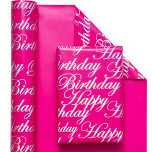 WRAPAHOLIC Reversible Birthday Wrapping Paper - Mini Roll - 17 Inch X 33 Feet - Hot Pink and Silver Foil Happy Birthday Lettering Design for Birthday, Holiday, Party, Baby Shower