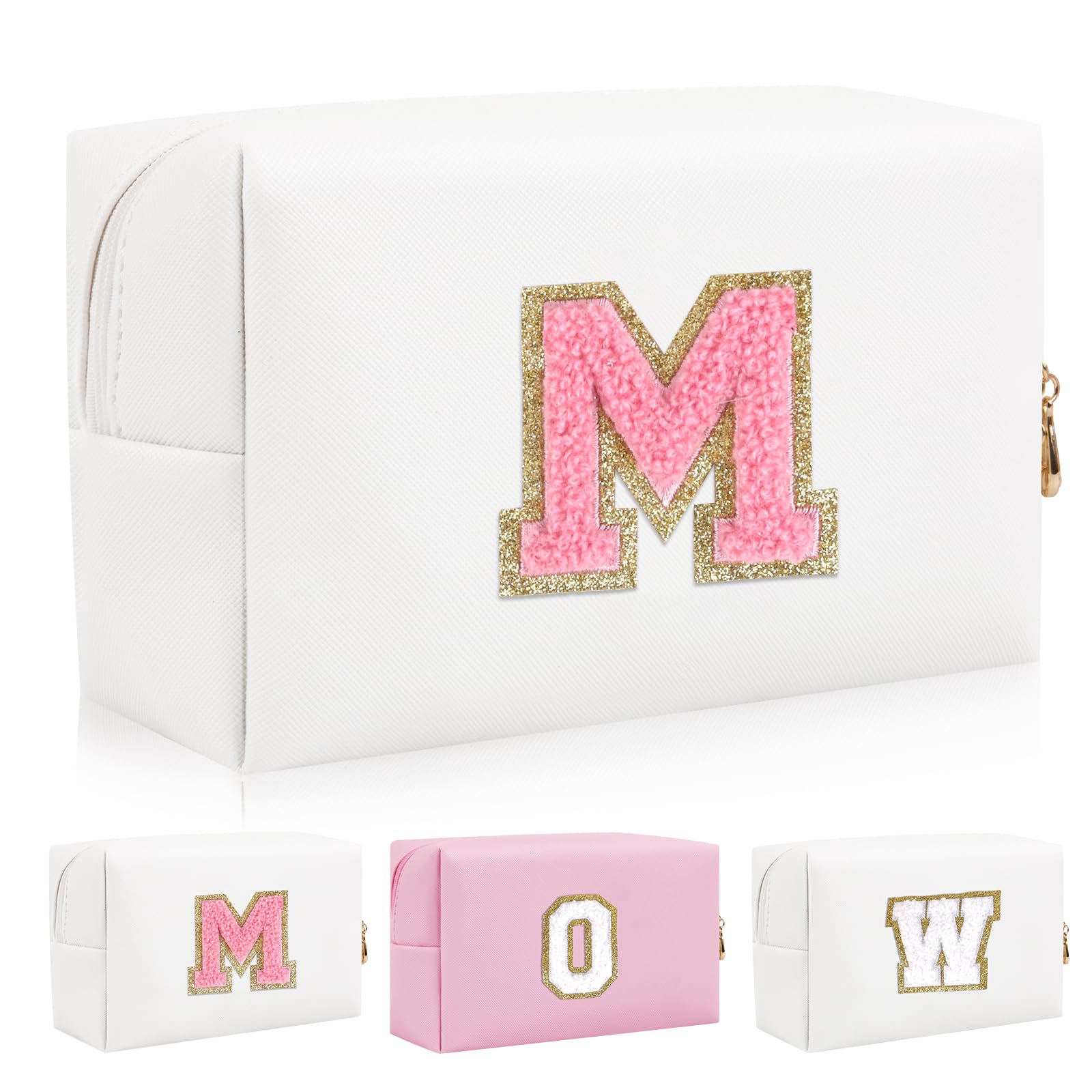 Personalized Initial Letter Patch Makeup Bag, Preppy Portable Chenille Letter Cosmetic Bag with Zipper, PU Leather Waterproof Travel Toiletry Bag Monogram Make Up Pouch for Women Girls(Letter M)