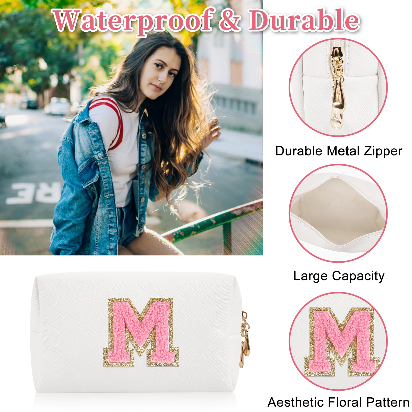 Personalized Initial Letter Patch Makeup Bag, Preppy Portable Chenille Letter Cosmetic Bag with Zipper, PU Leather Waterproof Travel Toiletry Bag Monogram Make Up Pouch for Women Girls(Letter M)