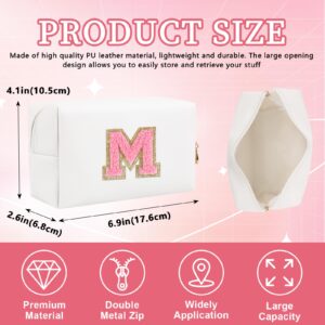 Personalized Initial Letter Patch Makeup Bag, Preppy Portable Chenille Letter Cosmetic Bag with Zipper, PU Leather Waterproof Travel Toiletry Bag Monogram Make Up Pouch for Women Girls(Letter M)