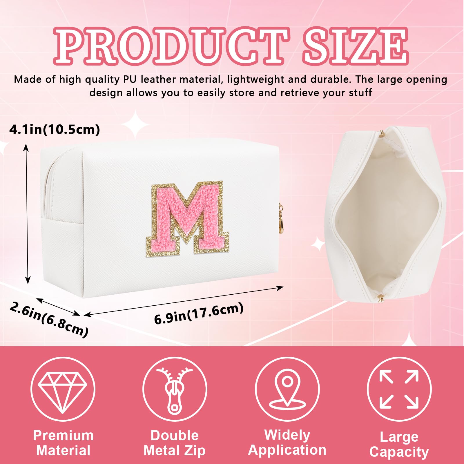 Personalized Initial Letter Patch Makeup Bag, Preppy Portable Chenille Letter Cosmetic Bag with Zipper, PU Leather Waterproof Travel Toiletry Bag Monogram Make Up Pouch for Women Girls(Letter M)