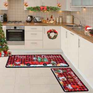 Christmas Kitchen Mats, Merry Christmas Kitchen Rugs Set of 2 - Red Black Buffalo Plaid Christmas Kitchen Decor - Gnome Truck Xmas Decorations for Floor,Bathroom,Living Room,Doorway 17"x30"+17"x47"