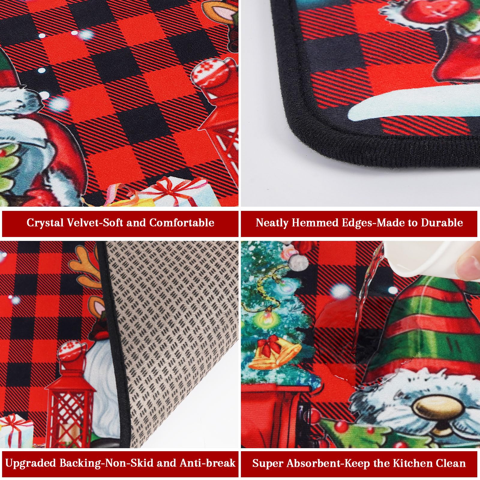 Christmas Kitchen Mats, Merry Christmas Kitchen Rugs Set of 2 - Red Black Buffalo Plaid Christmas Kitchen Decor - Gnome Truck Xmas Decorations for Floor,Bathroom,Living Room,Doorway 17"x30"+17"x47"