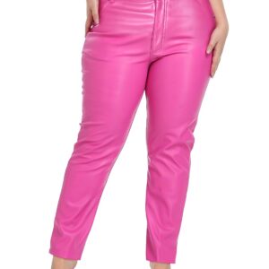 HDE Women's Plus Size Faux Leather Pants High Waist Straight Leg Pant w/Pockets Hot Pink - 1X