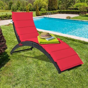 DORTALA Foldable Patio Lounge Chair, Outdoor Rattan Wicker Chaise with Cushion for Backyard Garden Lawn Balcony Poolside, Red