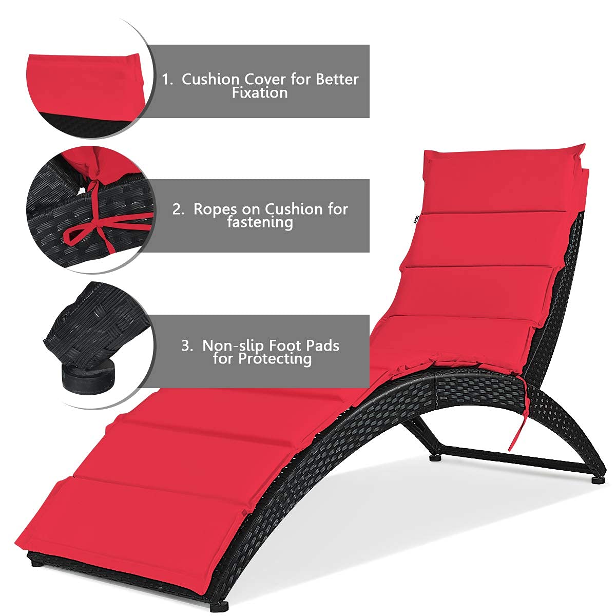 DORTALA Foldable Patio Lounge Chair, Outdoor Rattan Wicker Chaise with Cushion for Backyard Garden Lawn Balcony Poolside, Red