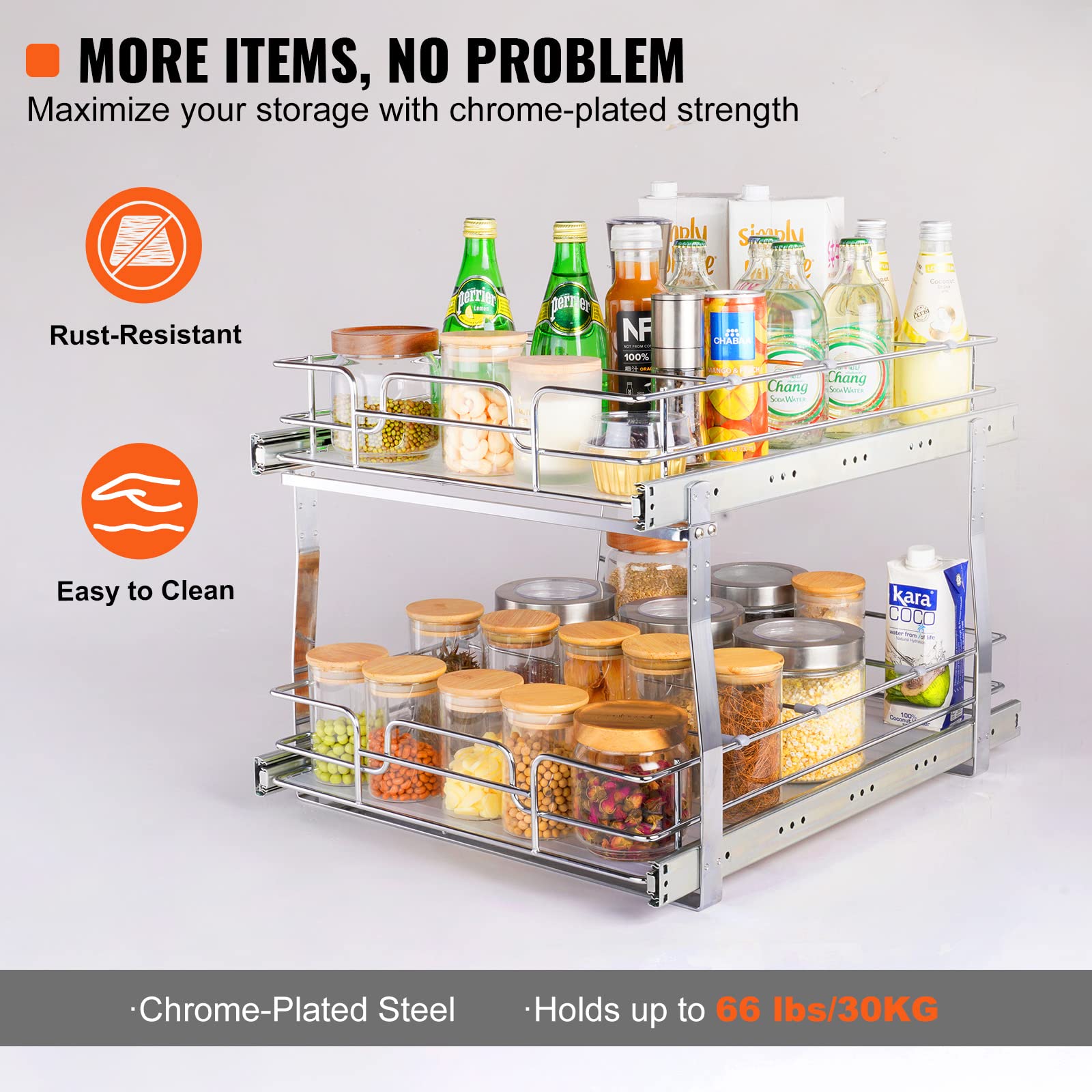 VEVOR 2 Tier 16"W x 21"D Pull Out Cabinet Organizer, Heavy Duty Slide Out Pantry Shelves, Chrome-Plated Steel Roll Out Drawers, Sliding Drawer Storage for Inside Kitchen Cabinet, Bathroom, Under Sink