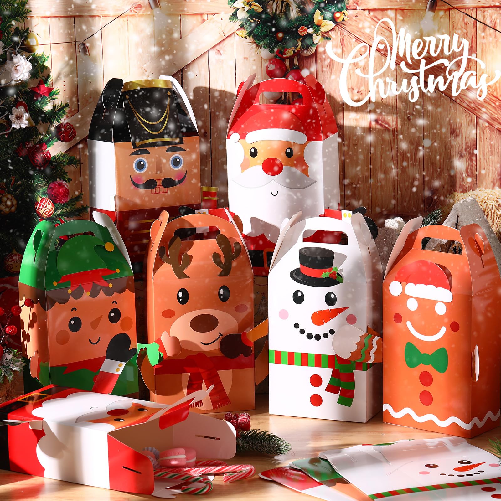 Harloon Christmas Gift Boxes Kid Bulk Xmas Nutcracker Santa Snowman Reindeer Elf 3D Cardboard with Handle Party Presents Cute Empty Packaging Supplies,12 x 6 x 3.1 Inch(24 Pcs)