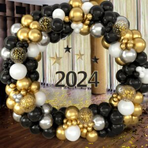 159PCS Black Gold Balloon Arch Garland Kit - Metallic Gold Silver Confetti Latex Balloons for 2024 Graduation Decorations Anniversary Birthday Party Decorations