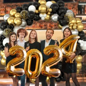 159PCS Black Gold Balloon Arch Garland Kit - Metallic Gold Silver Confetti Latex Balloons for 2024 Graduation Decorations Anniversary Birthday Party Decorations