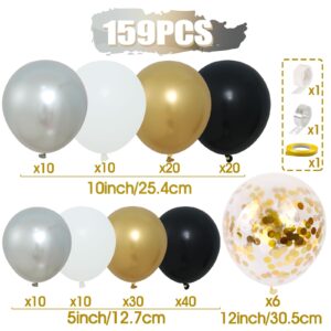 159PCS Black Gold Balloon Arch Garland Kit - Metallic Gold Silver Confetti Latex Balloons for 2024 Graduation Decorations Anniversary Birthday Party Decorations