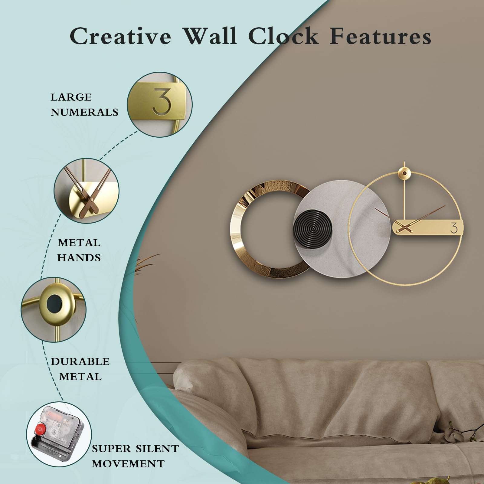 PSYCHE GOD Extra Modern Large Wall Clock 33 inch Black and Gold Battery Operated Decorative Wall Clocks European Style Living Room Metal Silent Big Clocks for Wall,Home,Bedroom