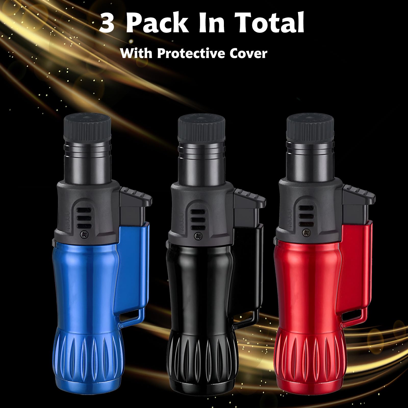 Torch Lighter, 3 Pack Triple Jet Flame Butane Lighters, Adjustable Windproof Flame Lighter with Flame Fixed Lock, Durable Portable Lighters for Candle Camping Kitchen Family Use(without Butane Gas)