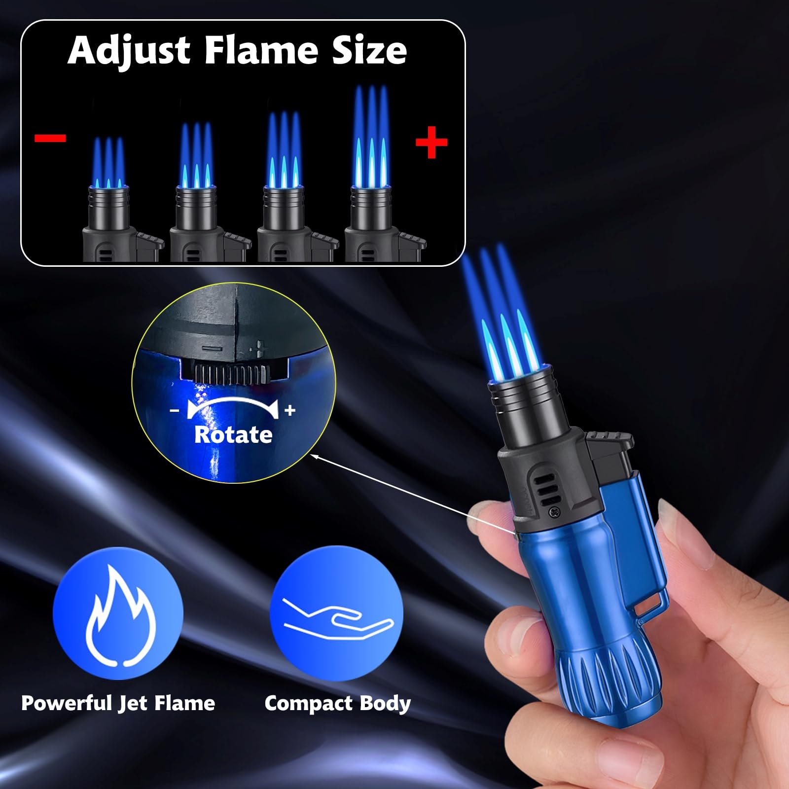 Torch Lighter, 3 Pack Triple Jet Flame Butane Lighters, Adjustable Windproof Flame Lighter with Flame Fixed Lock, Durable Portable Lighters for Candle Camping Kitchen Family Use(without Butane Gas)