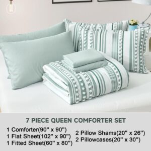 Boho Comforter Set Queen Size Green and White Tufted Ball Striped Design, Shabby Chic Farmhouse Comforter and Sheet Set, 7 Piece Bed in a Bag Pom Pom Complete Bedding Set (90''x90'')