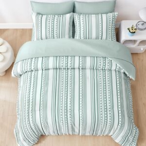 Boho Comforter Set Queen Size Green and White Tufted Ball Striped Design, Shabby Chic Farmhouse Comforter and Sheet Set, 7 Piece Bed in a Bag Pom Pom Complete Bedding Set (90''x90'')